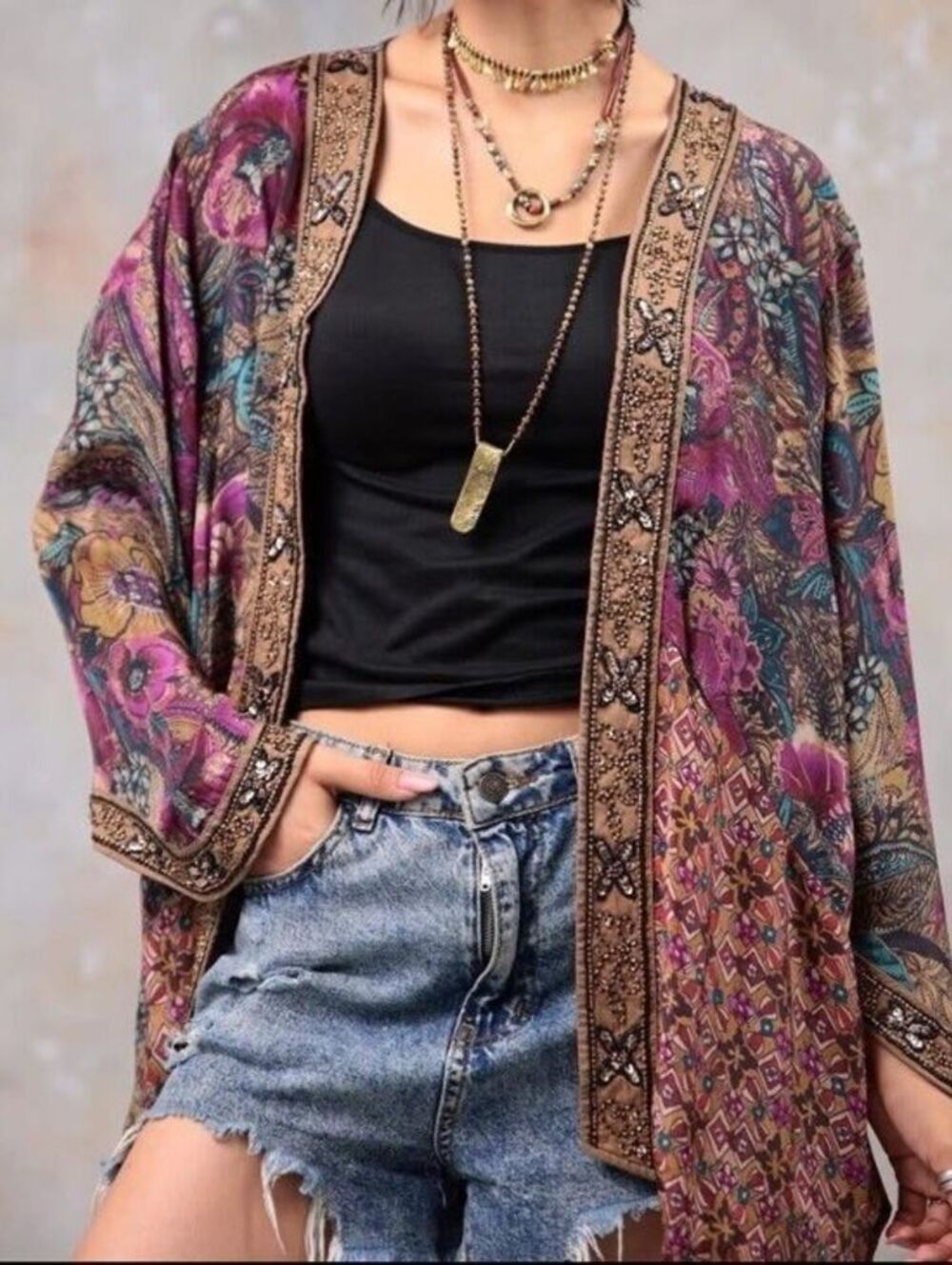 Soft Surroundings satin beaded kimono top open front purple gold patchwork xs